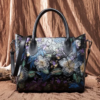 

Brand Designer Original Hand Painted Genuine Cow Leather Women Floral Handbags Cowhide Black Crossbody shoulder Bags Female tote