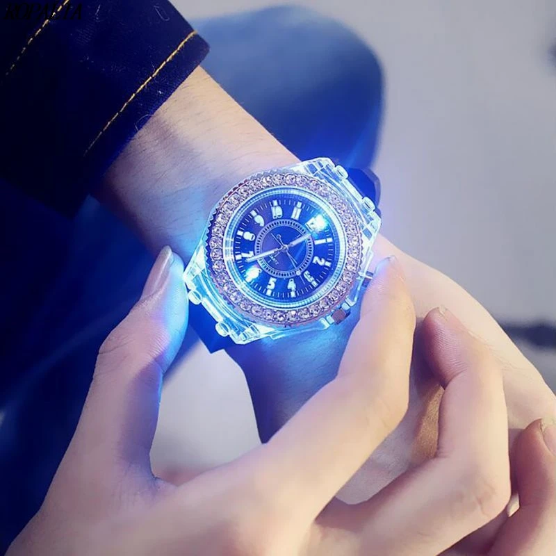New Women Fashion Illuminate Watch Geneva LED Backlight Crystal Quartz Sport Waterproof Wristwatches