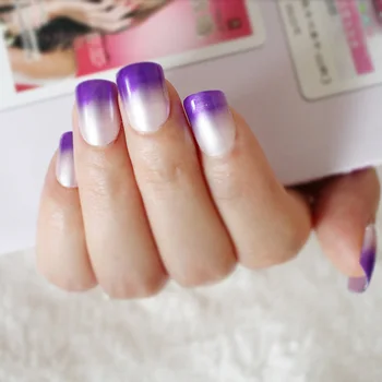 

24pcs/kit Artificial False Nail Art Tips Pearl Shine Surface Hand Nails Fashion Gradient Charming Purple Natural Color #18