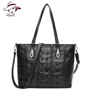 

Black Color Luxury New Fashion Sheepgrain Genuine Leather Patchwork Women Messenger Bag Rivet Big Ladies Shoulder Crossbody Tote