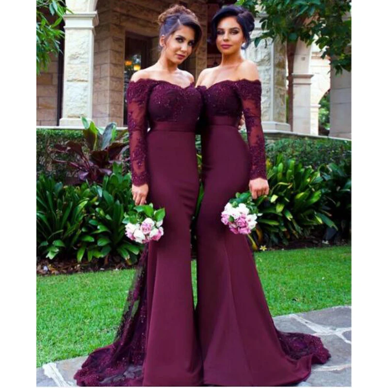 2016-Burgundy-Lace-Beach-Party-Mermaid-Long-Bridesmaid-Dresses-Arabic-Off-shoulder-Long-Sleeve-Wedding-Party (1)