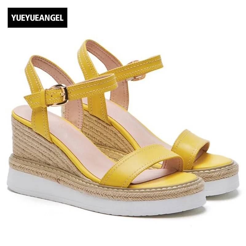 

New Arrival Summer Woman Sandals High Quality Leather Woman Sandals Fashion Buckle Strap Wedge Sandals Elegant Lady Heels Shoes