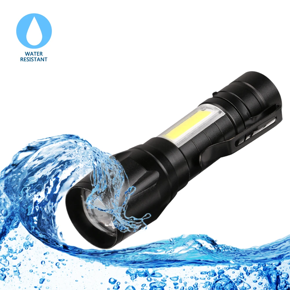 Newest USB Charging XPE+COB LED Flashlight Lamp Torch With Clip 3 Mode Zoomable Lamp Built in Battery with Box For Gift Light