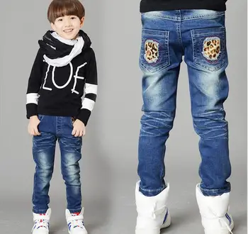 

New 2017 Teens Jeans For Boy High Quality Pants Leopard grain Pockets Design Kids Jean Children's Elastic Waist Jeans Denim Pant