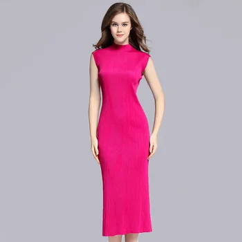 

Plus Size Dress For Women 45-75kg New Solid Color Stand Collar Sleeveless Elastic Miyake Pleated Elegant Dress Midi
