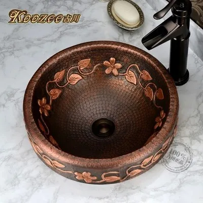 All copper basin artistic stage retro handmade flower vine circular bathroom sink | Обустройство дома