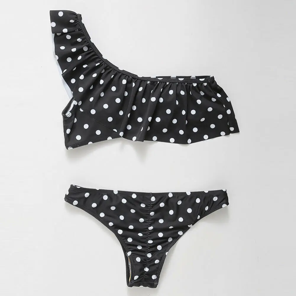 

Women Solid One Shoulder Bikini Set High Waisted Swimwear Padded Dot Swimsuit Black Red Blue Biquini Two Pieces Sexy Beachwear