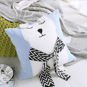 

White Blue Bear Cotton Knitted Square Decorative Pillow Cover Sweater Black Scarf Design Throw Pillow Case Home Seat Decorative