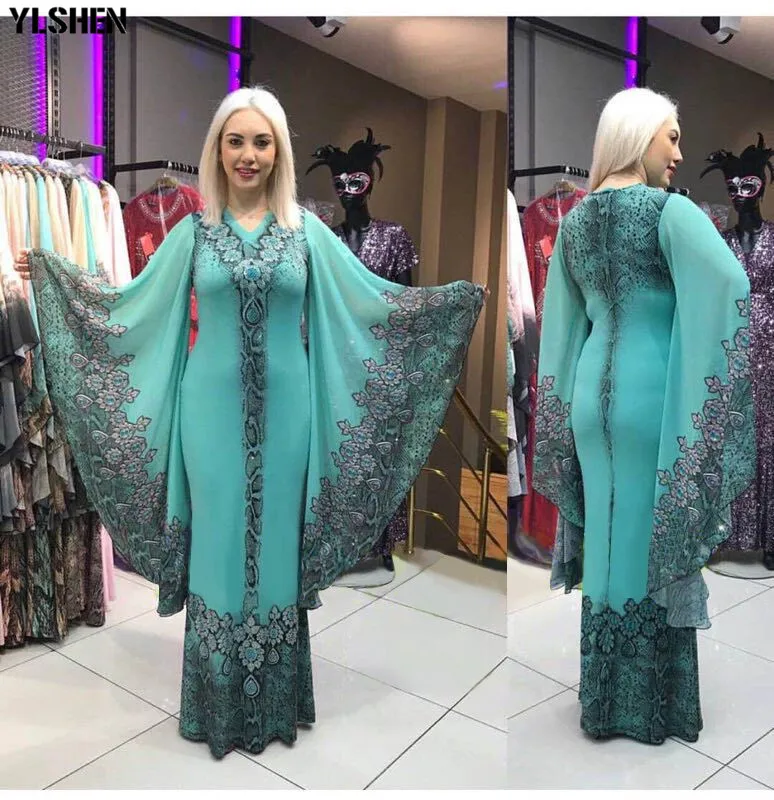 Style1 Blue green Новые африканские платья для женщин с принтом Дашики африканская одежда Базен Riche Сексуальное Тонкое с рюшами рукавом v-образным вырезом вечернее длинное платье Африка - Цвет: Style1 Blue green