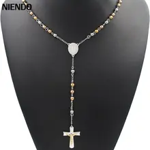 NIENDO 6MM Beads Stainless Steel Necklace Men Religion jewelry Jesus Cross Crucifix Women Rosary Chains Necklace LRN58