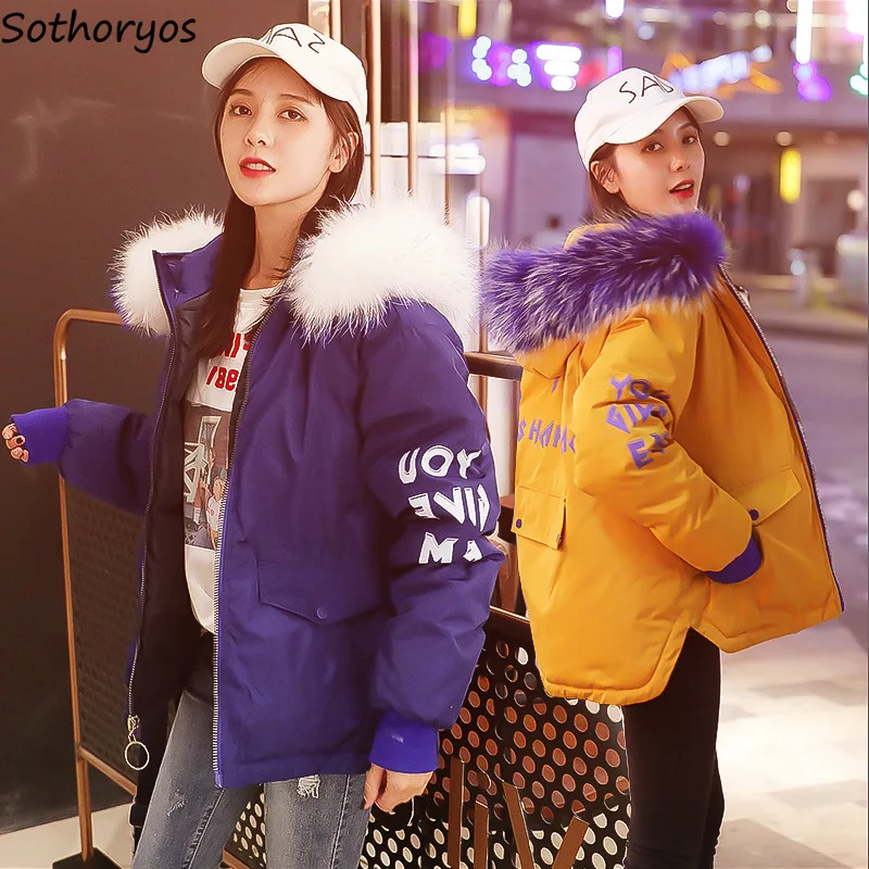 

Parkas Women Fur Collar Hooded Letter Printed Loose Leisure Pockets Warm Coats Womens Korean Style Straight Kawaii Outerwear