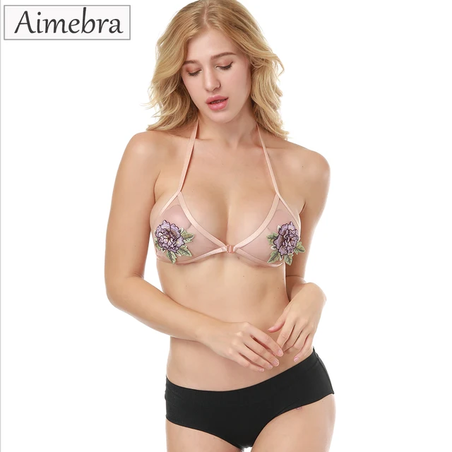 aimebra sexy girl orange transparent gauze fabric halter front front closure bras for plus size