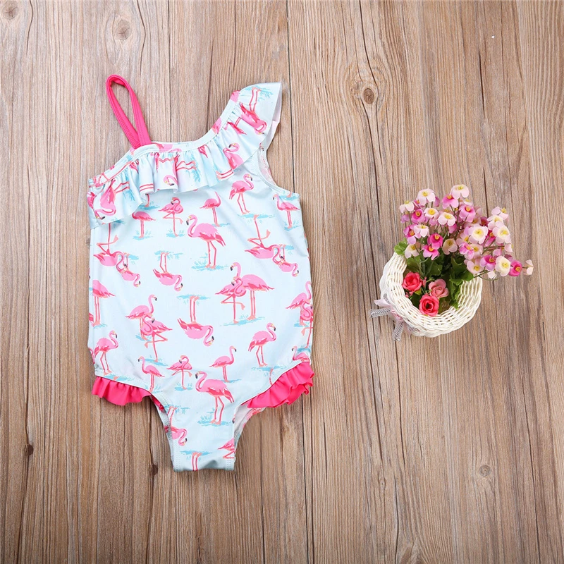 Купальный костюм для маленьких девочек; сезон лето; милые купальники с оборками и фламинго для маленьких детей; цельный купальный костюм; пляжная одежда