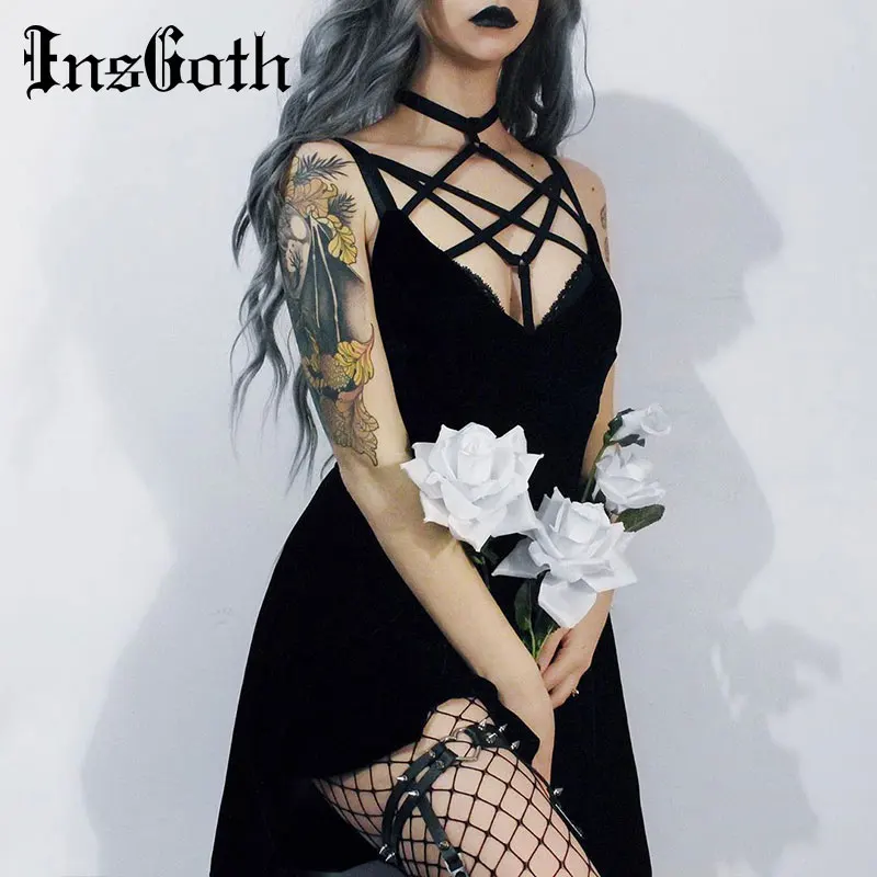Comprare InsGoth Gotico Nero Maxi Dress Halter Sexy Croce Cinghie Pentagramma Scava Fuori Sottile del Vestito Delle Donne Del Partito Vintage Split Abito Lungo
