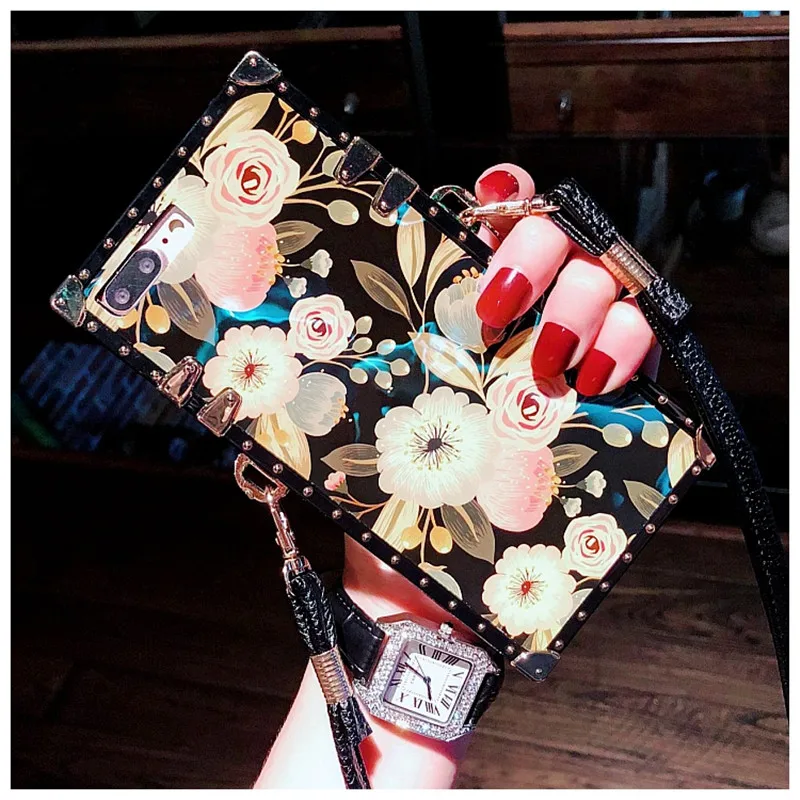 

Rivet Square Beautiful Rose Flower Strap Case For iPhone 11 Pro XS Max XR X 8 7 6S Plus Samsung Galaxy NOTE 10 9 8 S10E/9/8 Plus