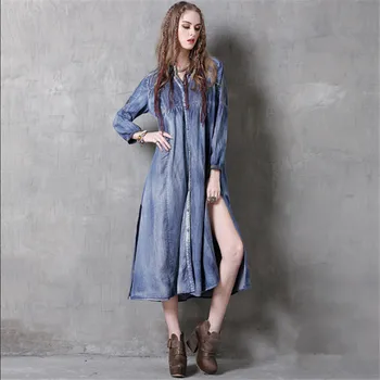 

Vintage Spring Dress 2018 New Long Sleeve Denim Dresses V-Neck Patchwork Single Breasted Dress Women Vestidos Autumn Vestido