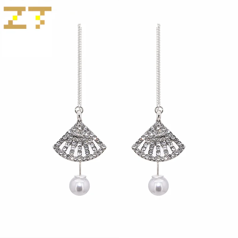 

Hot Sale Long Tassel Metal Chain Statement Crystal Sector Simulated Pearl Dangle Drop Earrings for Women Wedding Jewelry Brincos