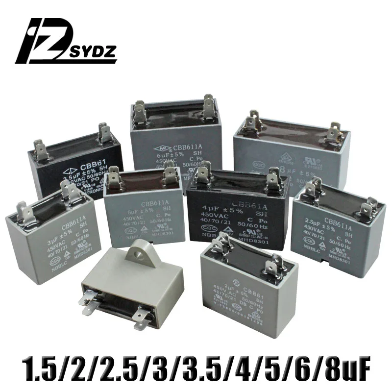 

CBB61 Air conditioner external fan starting capacitor 1.5/2/2.5/3/3.5/4/5/6/8uF 450V motor capacitor 4 insert flameproof