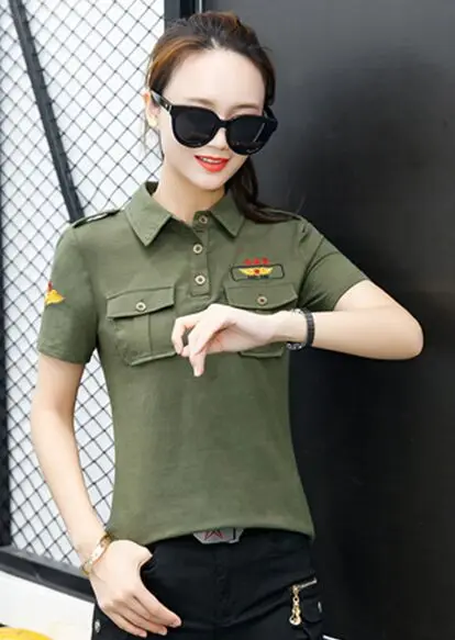 Летние армейские зеленые рубашки поло для женщин с отложным воротником Модные Военные женские рубашки поло женские повседневные топы размера плюс M8815 - Цвет: army green