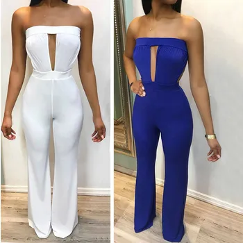 

Women Sexy Off Shoulder soft and comfortable Solid Backless Indie Fork Halter Wide-Legged Jumpsuit L50/0116