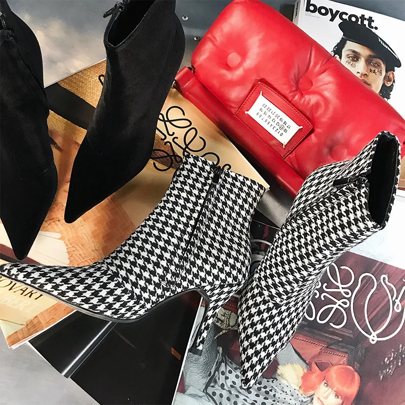 

Chic Women's Ankle Boots Velvet Plaid Checks Pointed Toe Stilettos High Heel Shoes Woolen OL S11