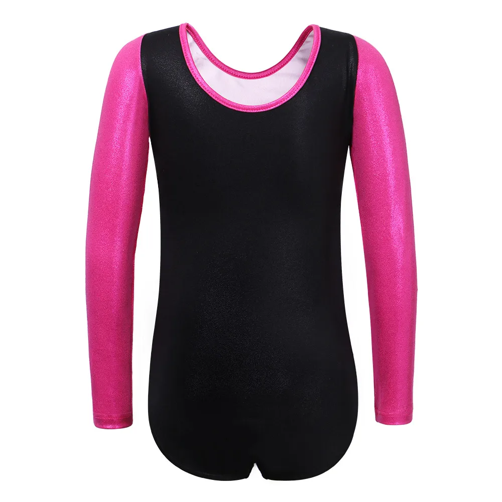 BAOHULU Long Sleeve Gymnastics Leotard for Girls Youth Black HotPink Patchwork Toddler Leotards Athletic Costume Kids Dance Wear