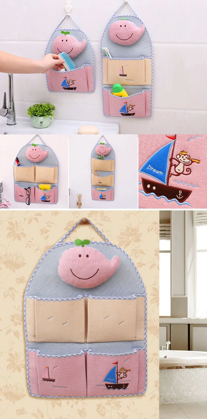 LDAJMW Linen Cartoon Monkey Embroidery 1-4 Pockets Wall Hanging Storage Bag Children Room Organizer Pouch