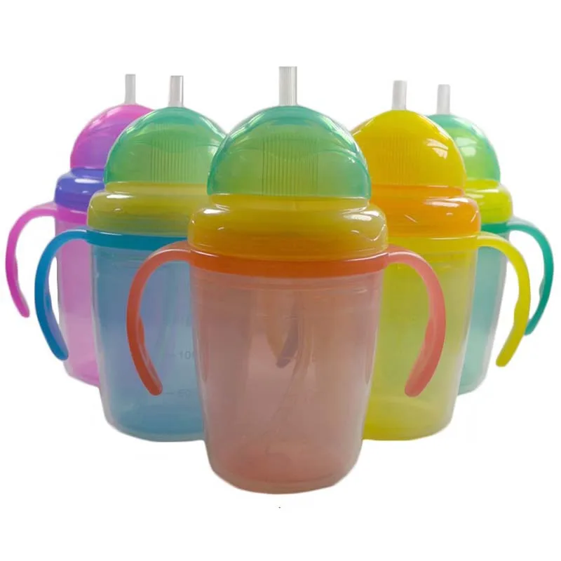240ml Double Layer Warm Keeping Baby Kid Water Cups Handle Children Learn Drinking Straw Bottle