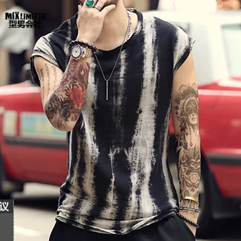 

summer new men's sleeveless T-shirt brand Retro black Tie dye wide shoulder vest casual male loose undershirt street style T4177