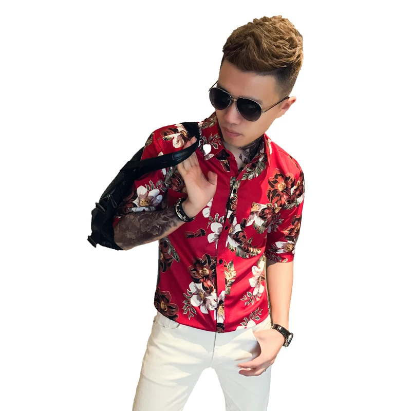 

2019 Summer Korean Slim Five-point Sleeve Flower Shirt Social Youth Guy Hair Stylist Nightclub Casual Sleeve Shirt