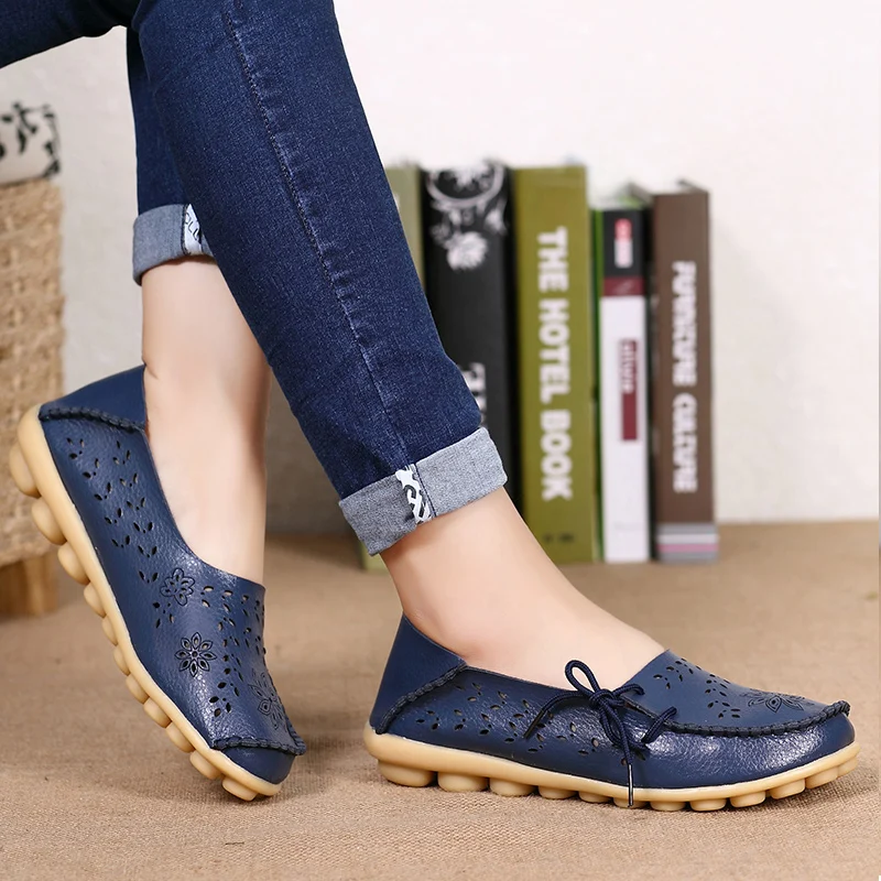 Flats Women Genuine Leather Shoes Woman Autumn Flat Shoes Women Loafers Slip On Moccasins Sapatos Feminino Casual Shoes - Color: Dark blue