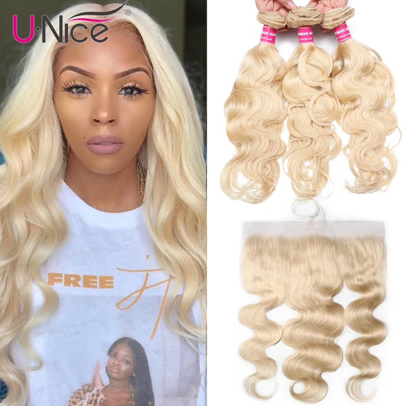 

Unice Hair 613 Blonde Bundles With Frontal Brazilian Body Wave With Frontal Remy Human Hair Lace Frontal Closure With Bundle
