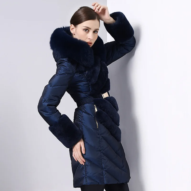 Женский пуховик с капюшоном, зимнее пальто, женский длинный пуховик с воротником из натурального Лисьего меха, Толстая теплая куртка, Casacas Para Mujer KJ2605 - Цвет: Blue