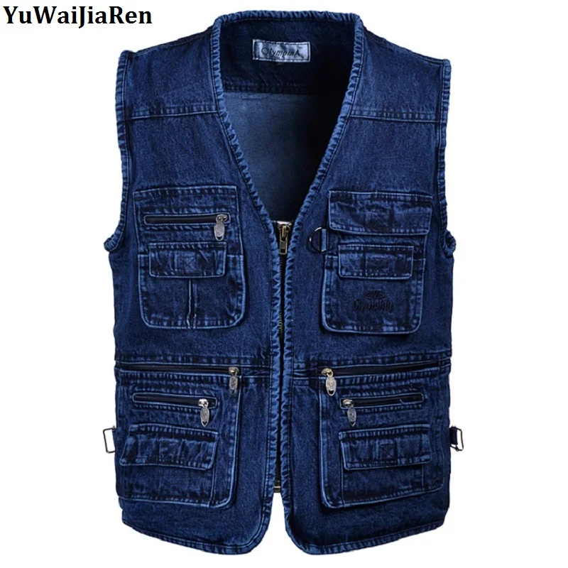 

YuWaiJiaRen Oversize 5XL Denim Vests Men Cotton Multi Pocket Jean Jacket Gilet Male Brand Military Waistcoat masculina jaquetas
