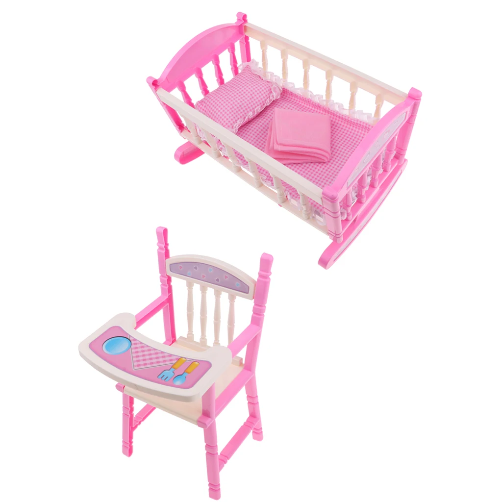 Doll Baby Toddler Furniture Playset - ABS High Chair Cradle Bed Crib Reborn Bed Set Toddler Dining Chair Accessories