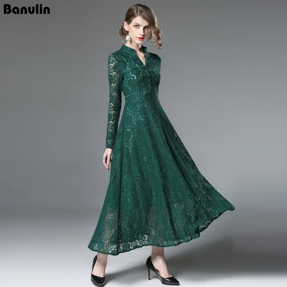 

Banulin High Quality Fall Winter Runway Designer Maxi Dresses Women's Long Sleeve Elegant Hollow out Heavy Lace Party Long Dress