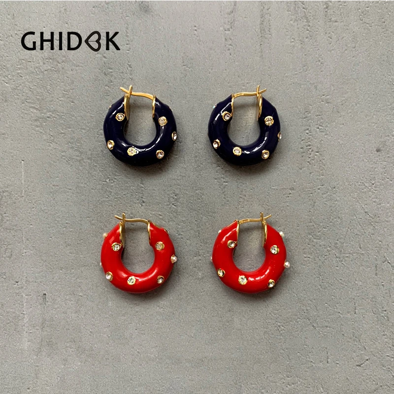 

GHIDBK Blue Red Color Solid Round Hoop Earrings for Women Minimalist Crystal Earrings Statement Thick Hoops Earrings Wholesale