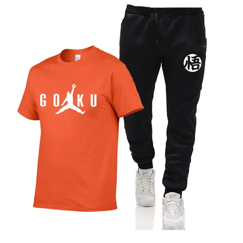 orange black Лето, Dragon Ball Z, мужские футболки+ штаны, 2 предмета,, хлопок, удобная футболка с коротким рукавом, мужские повседневные топы и штаны - Цвет: orange black