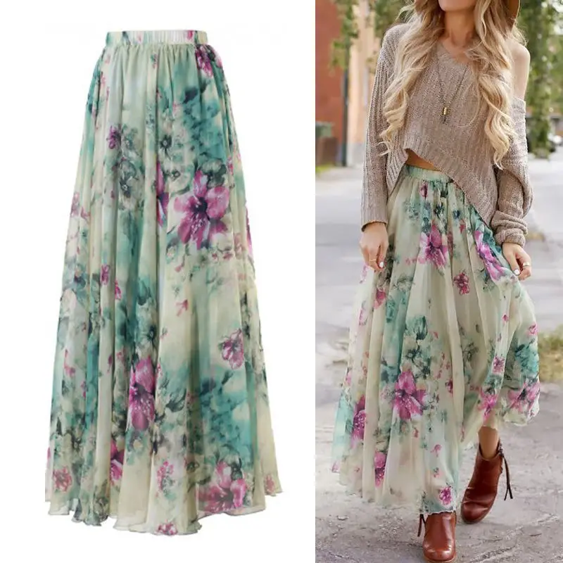 

Women Chiffon Floral High Waist Maxi Skirt Skater Flared Pleated Summer Casual Long Skirt