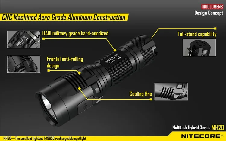 NITECORE MH20 MH20W USB Перезаряжаемые Flashilght XM-L2 U2 светодиодный max.1000LM луч расстоянии 220 м Факел + 18650 2600 мАч батарея