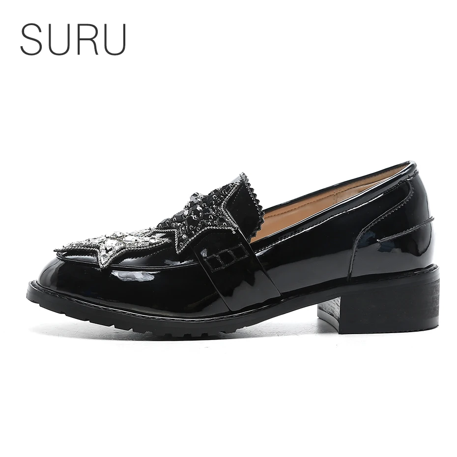 

SURU Women Leather Loafers Shoes With Crystal Pentagram Decoration Black Slip On Schoolgirls Shoes