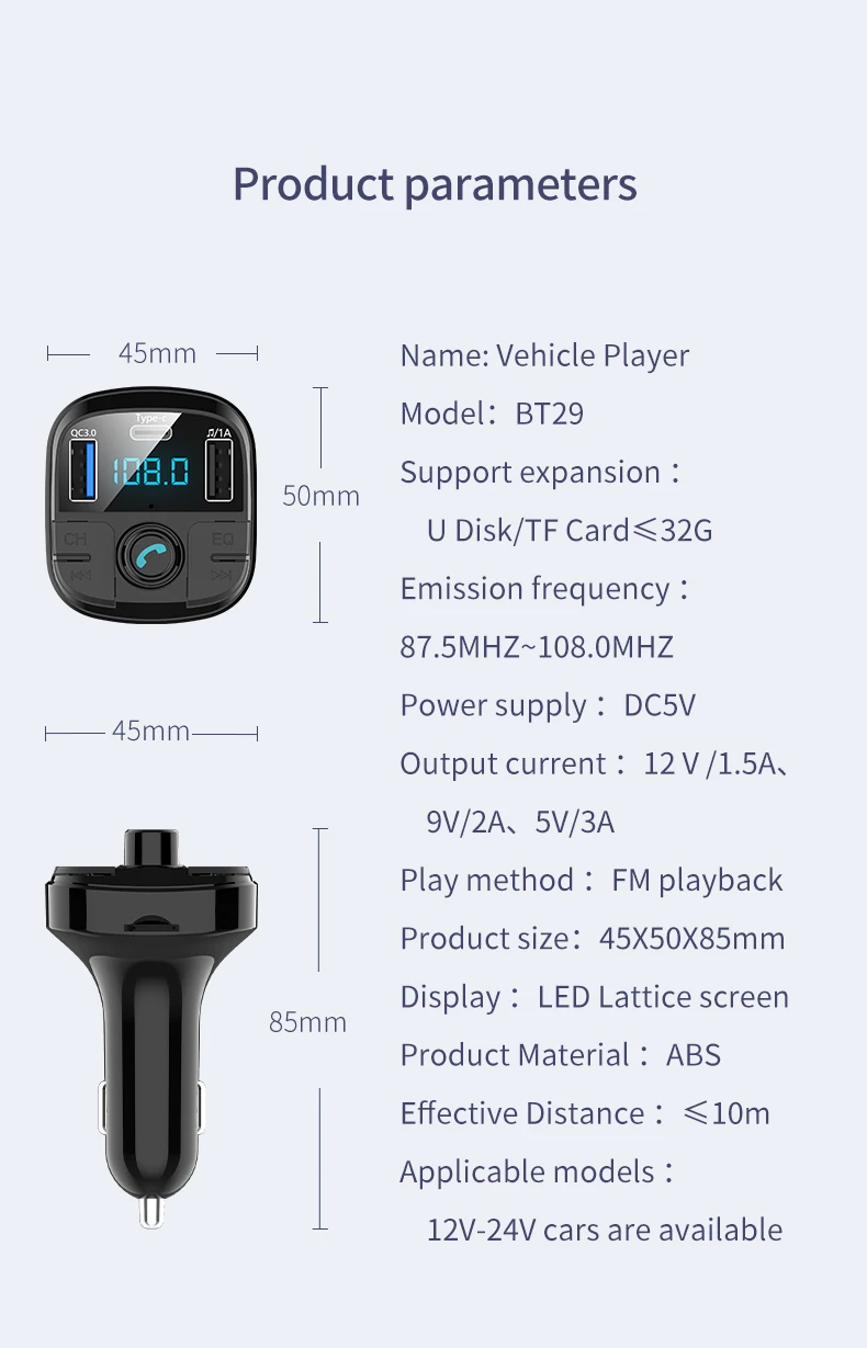 Прикуриватель Bluetooth 5,0 автомобильный fm-передатчик беспроводной радио USB Mp3 плеер Handsfree