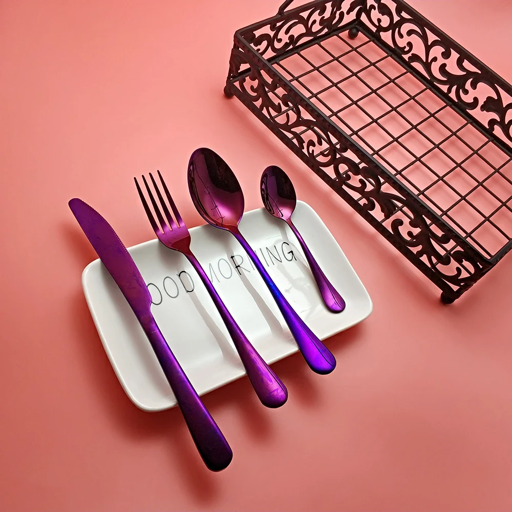 

Hot 4 pcs Rainbow Purple Dinnerware High Quality Stainless steel Knife Fork Spoon Cutlery Kitchen Food Tableware Flatware Set