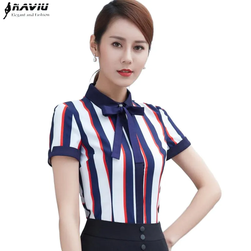 

New summer elegant bow tie stripe shirt women OL new formal short sleeve chiffon blouse office ladies plus size work slim tops