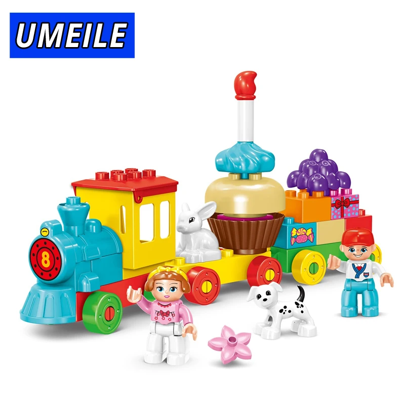 

UMEILE 58PCS Train Brick Block Educational Birthday Cake City Set Friends Figure Kids Toys Compatible With brick Gift