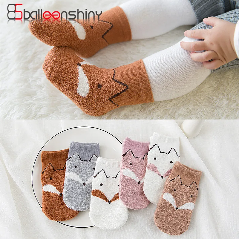 Balleenshining/3 пара/лот, милые детские носки с мультипликационным принтом, детские носки-тапочки из кораллового флиса, зимние теплые носки для маленьких мальчиков и девочек 0-4 лет