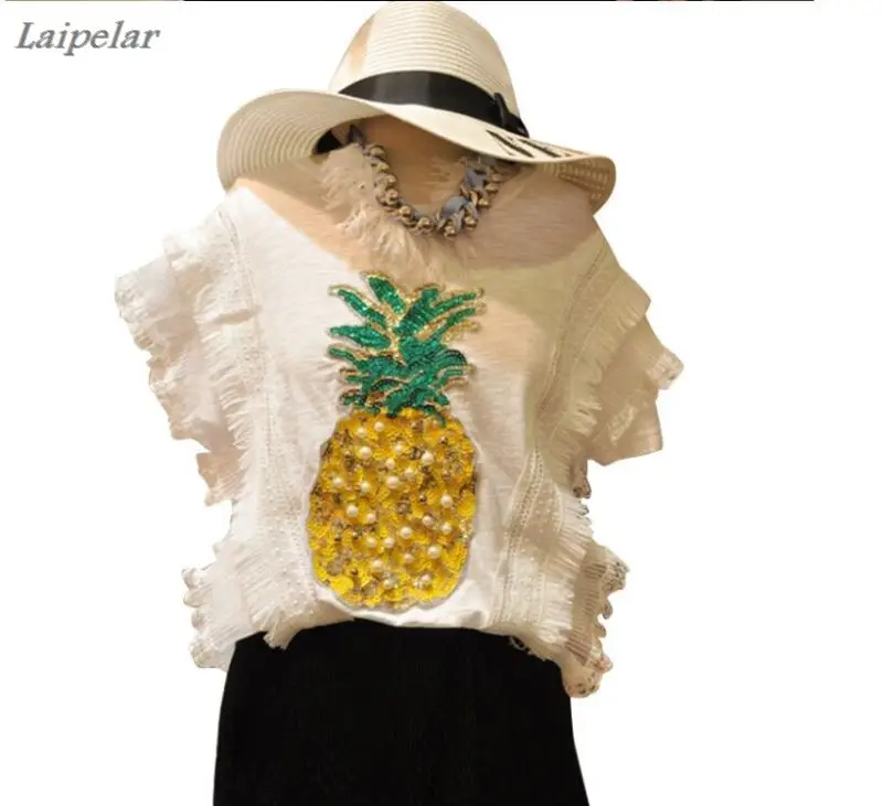 

2018 summer casual bead sequins pineapple pattern cotton linen sleeveless T-shirt Holiday Beach Tops female Laipelar