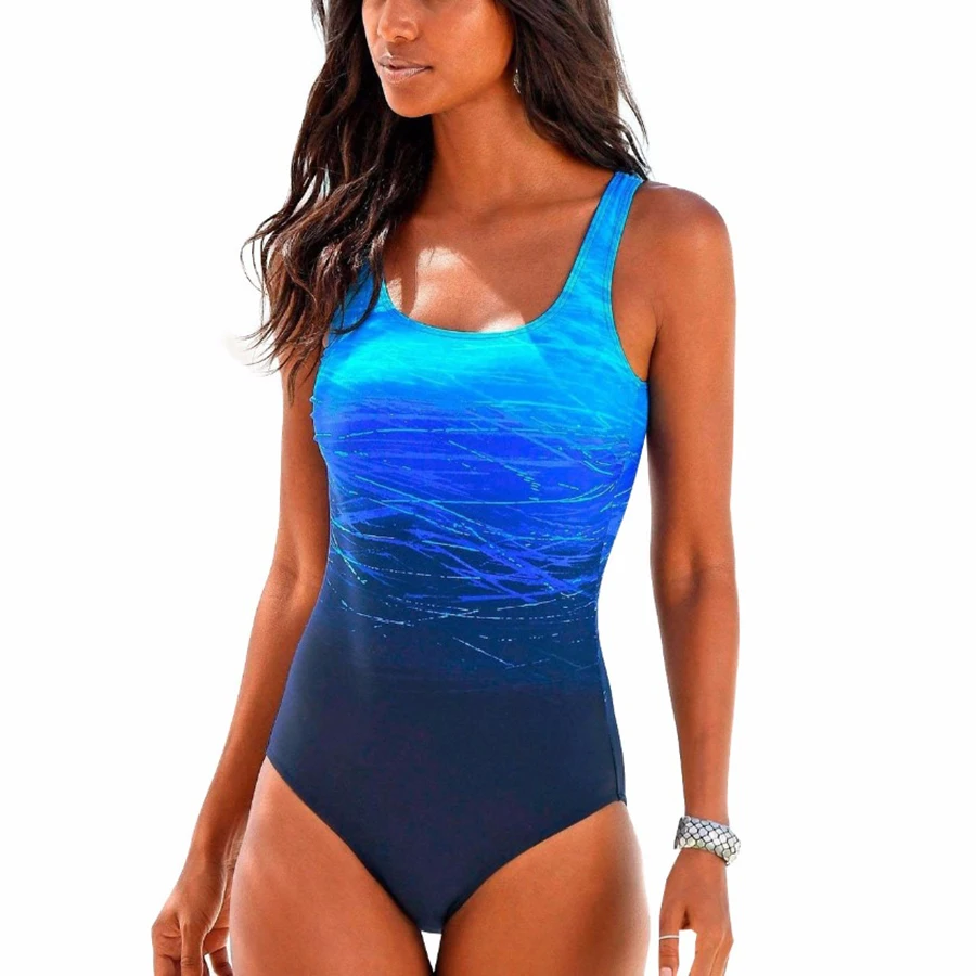 Gradient One Piece Swimsuit Women Vintage Swimwear Criss Cross Back Monokini Blue Bath Suit 2019 Beach Wear Maillot De Bain