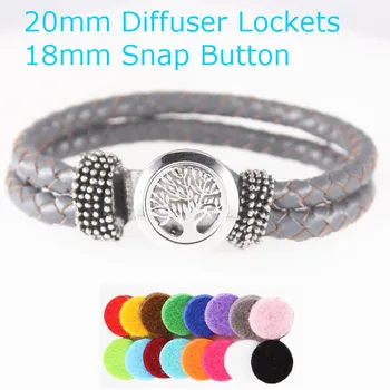 

New Stainless Steel Perfume Locket 20mm Tree of Life Aromatherapy Essential Oil Snap Button Diffuser Locket Leather Bracelet