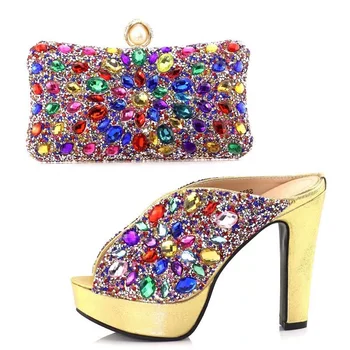 

Big colorful rhinestones high heel shoes and clutches bag italian newest fashion shoes and bag to match in party SB8122-1